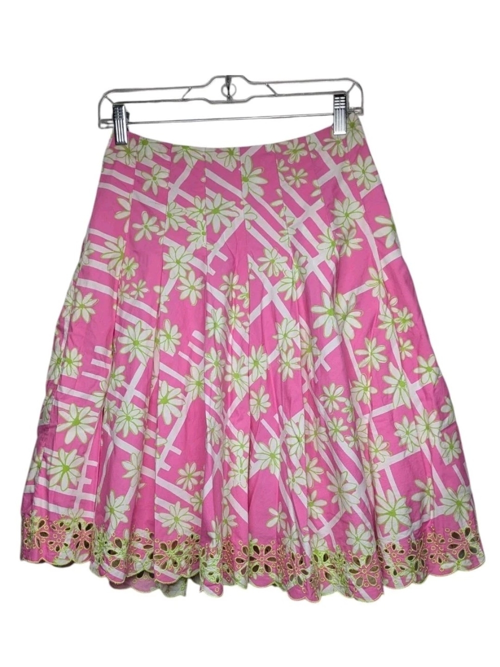 Lilly Pulitzer Pink Green Floral Circle Skirt with Eyelet Trim